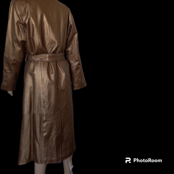 Full length leather coat, bronze, matching sash belt. Size 6 petite - Picture 2 of 5